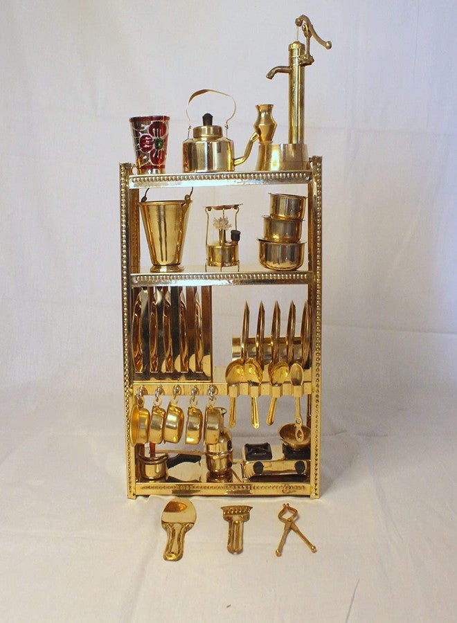 Tirtha Enterprises Handcrafted Brass Miniature Kitchen Set/Bhatukali/Toy Set/Home Decor/choppu Jaman/Real Cooking Kit for Play with Brass Stand (Gold 7) - Image 3